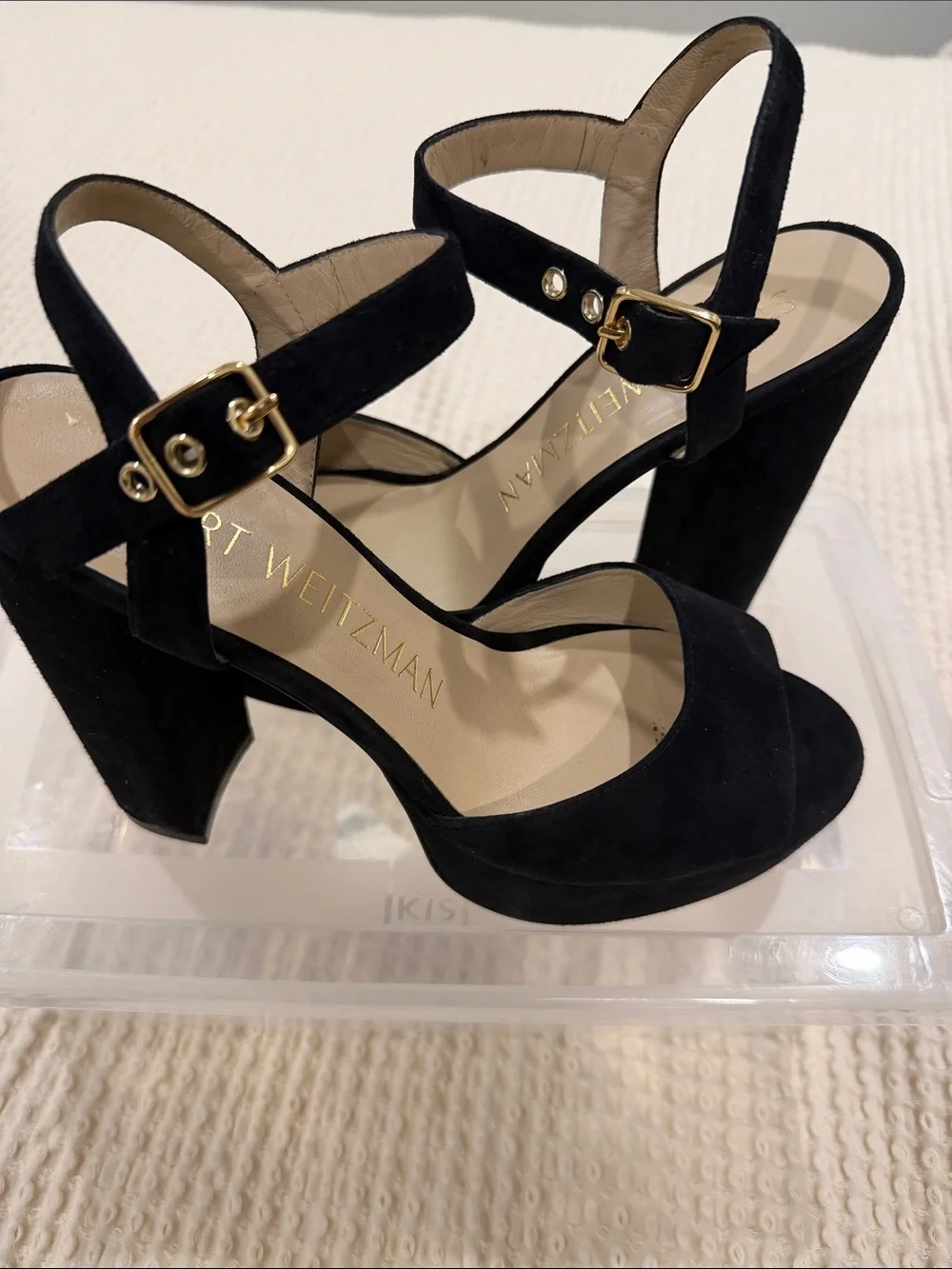 Stuart Weitzman Black Suede Platform Block Heel Sandals with Gold Buckles